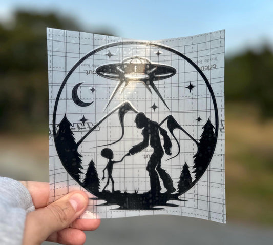 Alien and Bigfoot Touching Hands Decal | Handmade Cosmic Cryptid Vinyl Sticker