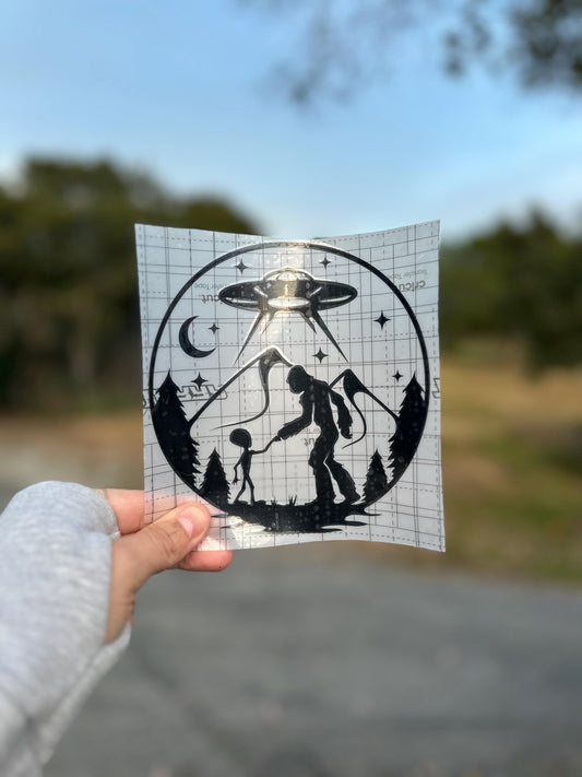 Alien and Bigfoot Touching Hands Decal | Handmade Cosmic Cryptid Vinyl Sticker